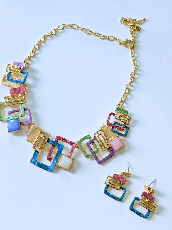 Multicolor Enamel Geometric Square Necklace and Earring Set - Gold-Tone - Picture 8 of 9